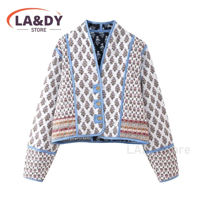 2024 New Women Vintage Loose Reversible Print Short Jacket Female Casual Long Sleeve Coats