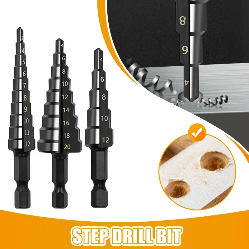 3Pcs HSS Straight Groove Step Drill Bit 3-12mm 4-12mm 4-20mm Nitride Black Hex Wood Metal Hole Cutter Core Drilling Tools Set