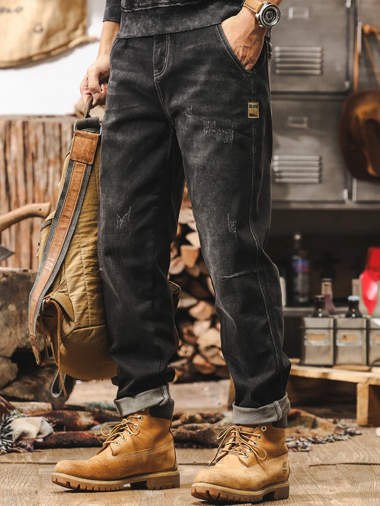 

Американский Sle Ретро Fce на подкладке Свободный крой Прямые повседневные длинные брюки Зимние мужские джинсы Модные молодежные хлопковые джинсовые брюки