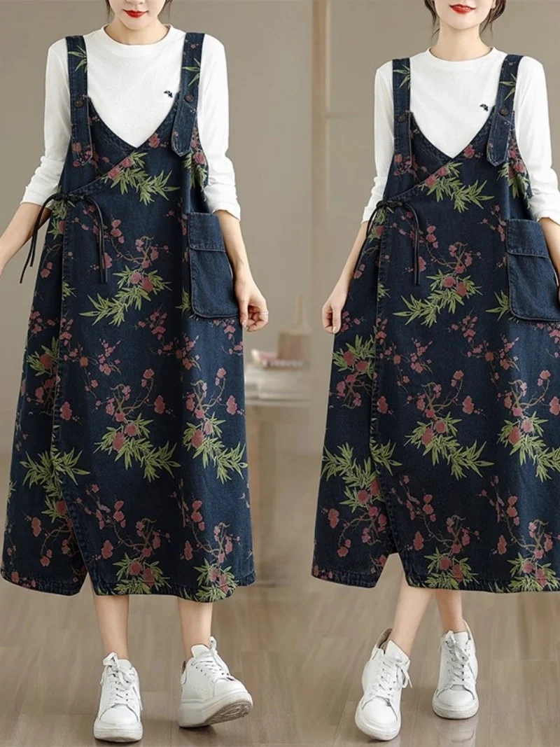 패셔너블하고 트렌디한 프린트 데님 베스트 드레스 여성용 개성 있는 스플릿 타이 루즈하고 스타일리시한 플로럴 스트랩 드레스 w902 ﻿