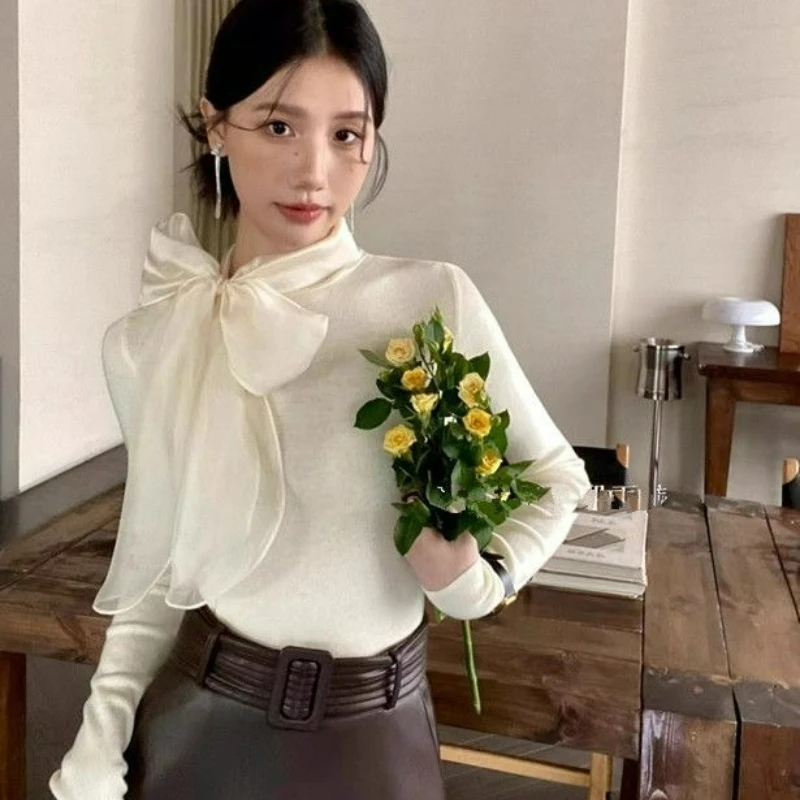 

French Elegant Bow Tie Purple Long-sleeved Knitted Sweater for Women Autumn Fashionable Form-fitting Innerwear Base Layer Top