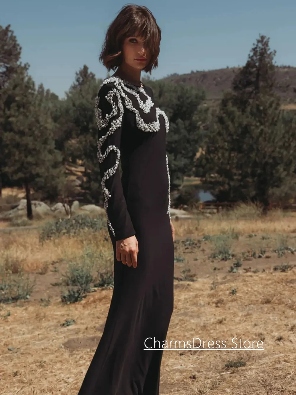 فستان سهرة متواضع بأكمام طويلة ورقبة على شكل حرف O مخصص لؤلؤ مطرز بالخرز في المملكة العربية السعودية فستان حفلات مناسبة رسمية