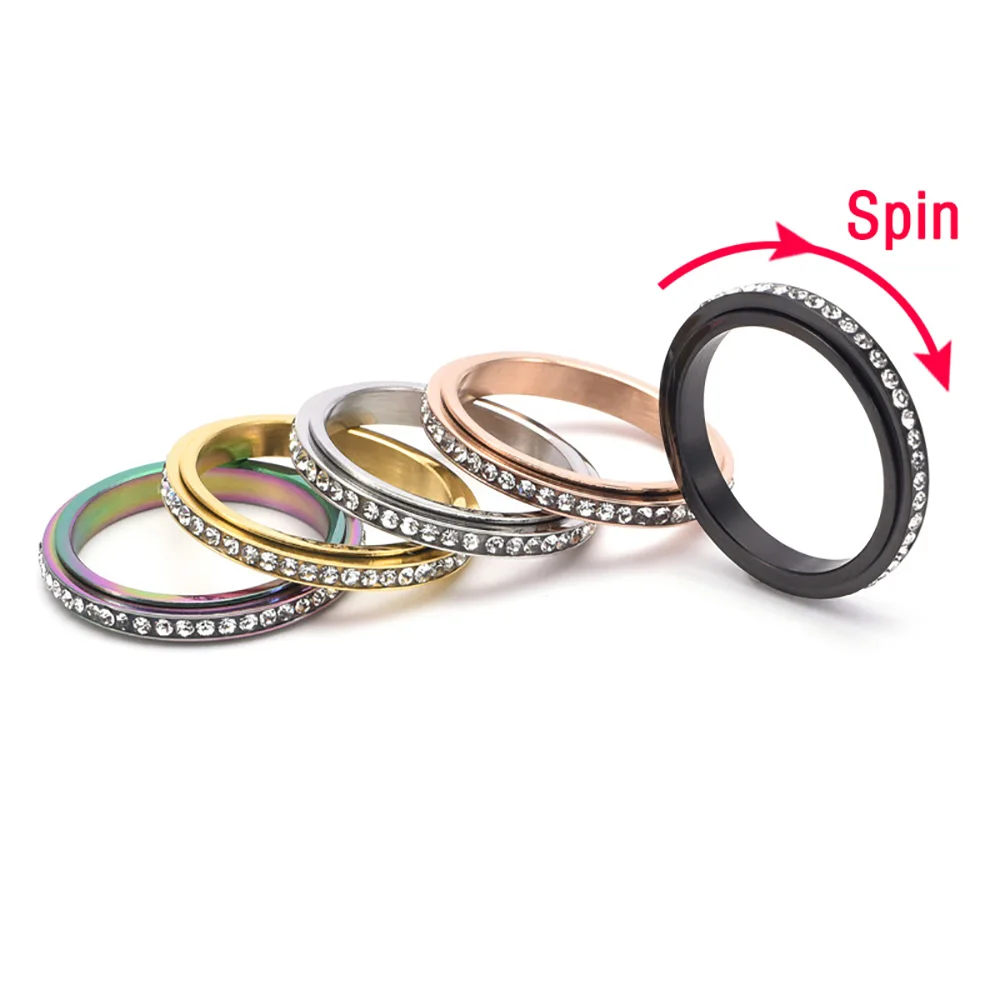 Fidget Anxiety Ring Drive Away Your Anxiety Stainless Steel Spinner Fidget Band Rings Cubic Zirconia Relieving Anxiety Rings