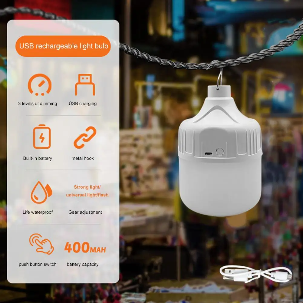 Portable Hanging LED Camping Light Bulb USB Rechargeable Emergency Bulb Light with Metal Hook 3 Lighting Modes Waterproof