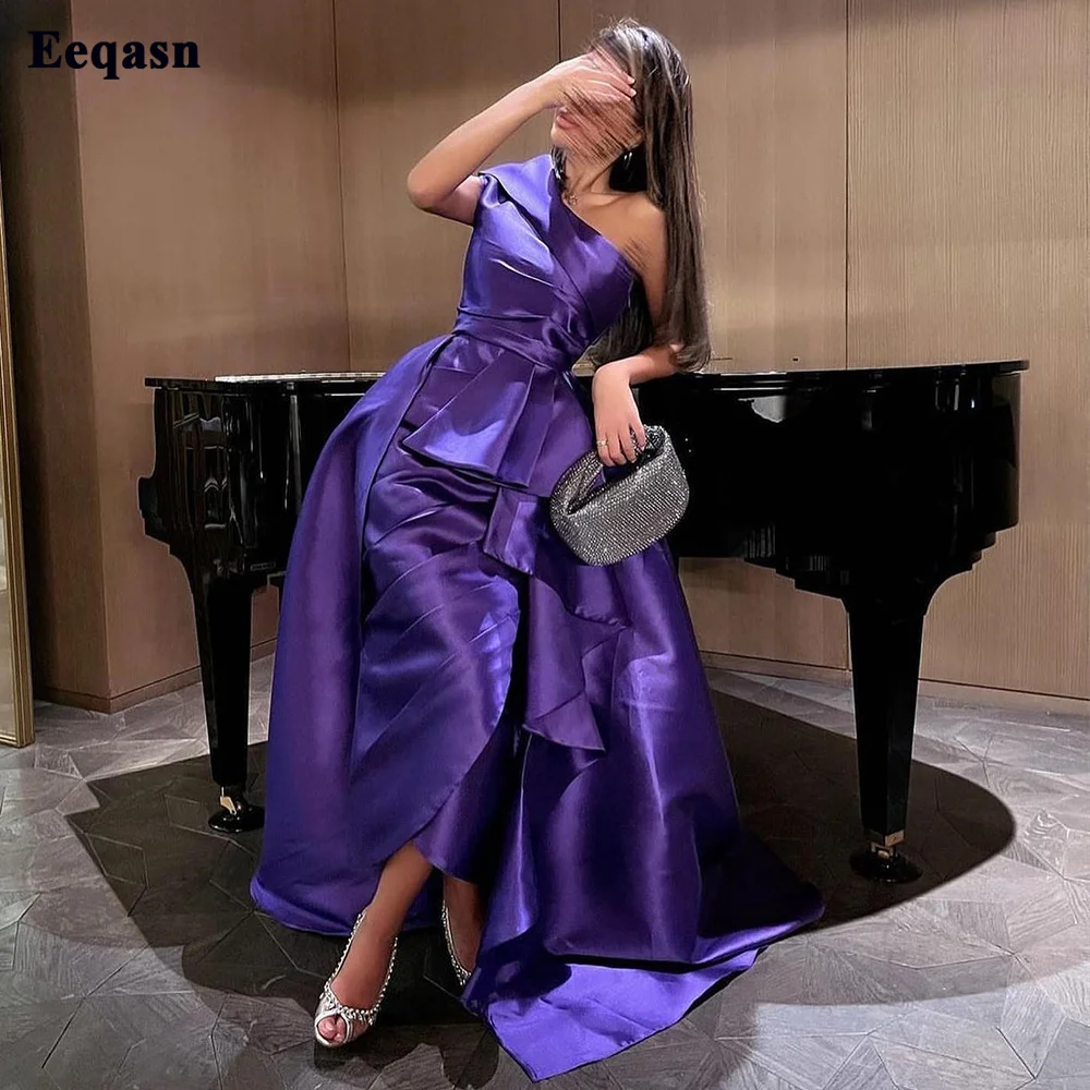 

Eeqasn Purple Saudi Arabia Prom Dresses 2023 One Shoulder Satin Pleats Formal Evening Gowns Women Wedding Party Bridesmaid Dress