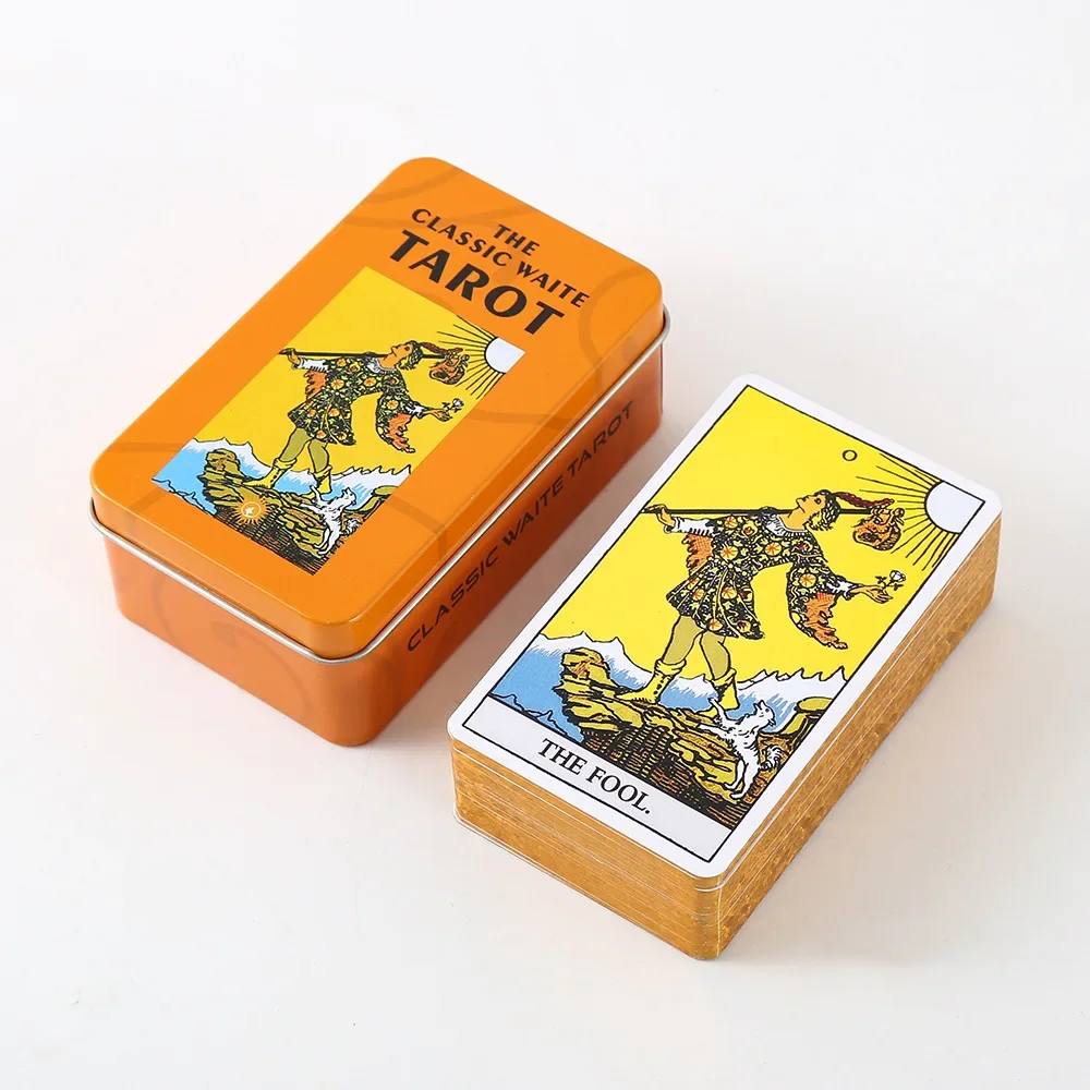 

Колода Таро Райдера с золотым краем Карты Таро Оракула 78 карт Оловянная металлическая коробка Вечеринка Личные развлечения Женщины Девушки Карточные игры