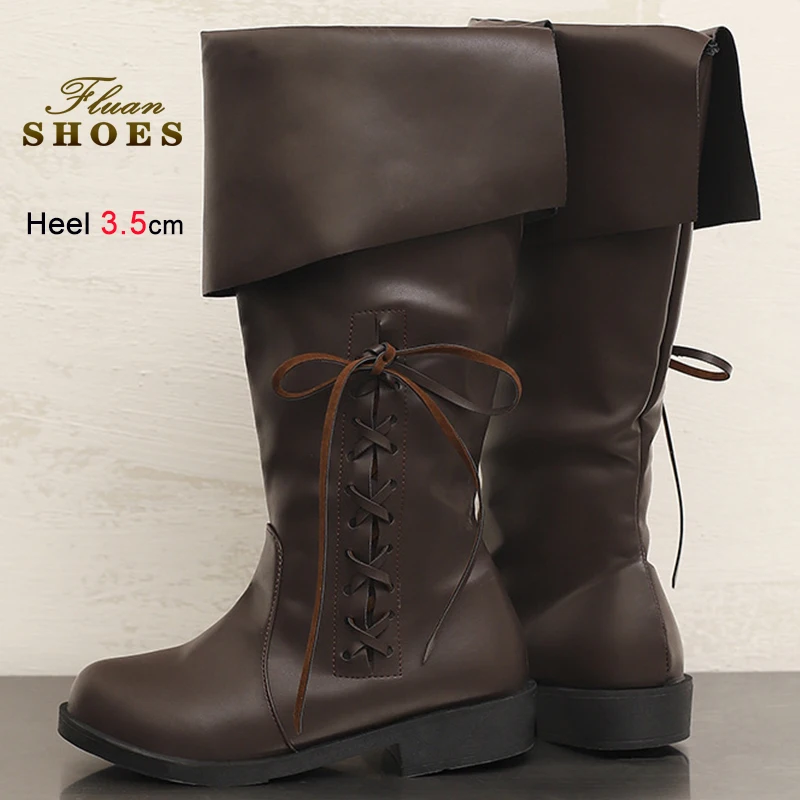 2025 خريف شتاء أسود المرأة أضعاف حذاء برقبة للركبة جولة تو الجانب الدانتيل يصل القوس رقيقة الكعوب 3.5 سنتيمتر تحول أكثر من حافة مدخنة الأحذية