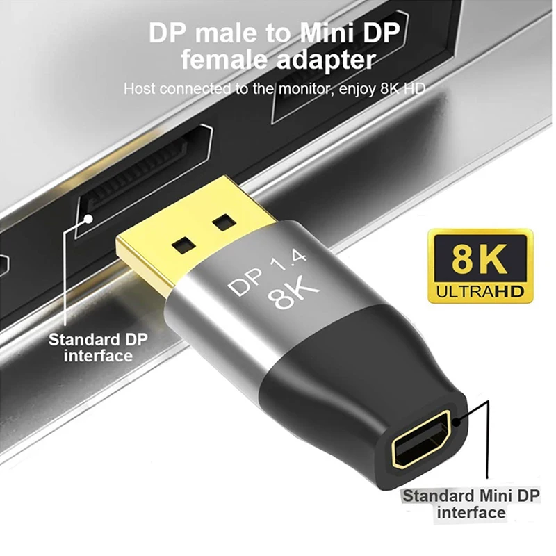 

Mini DP1.4 to Standard DP Converter 8K60Hz 4K144HZ HD Bidirectional Conversion Adapter DisplayPort Video Audio Extend Wire Plug