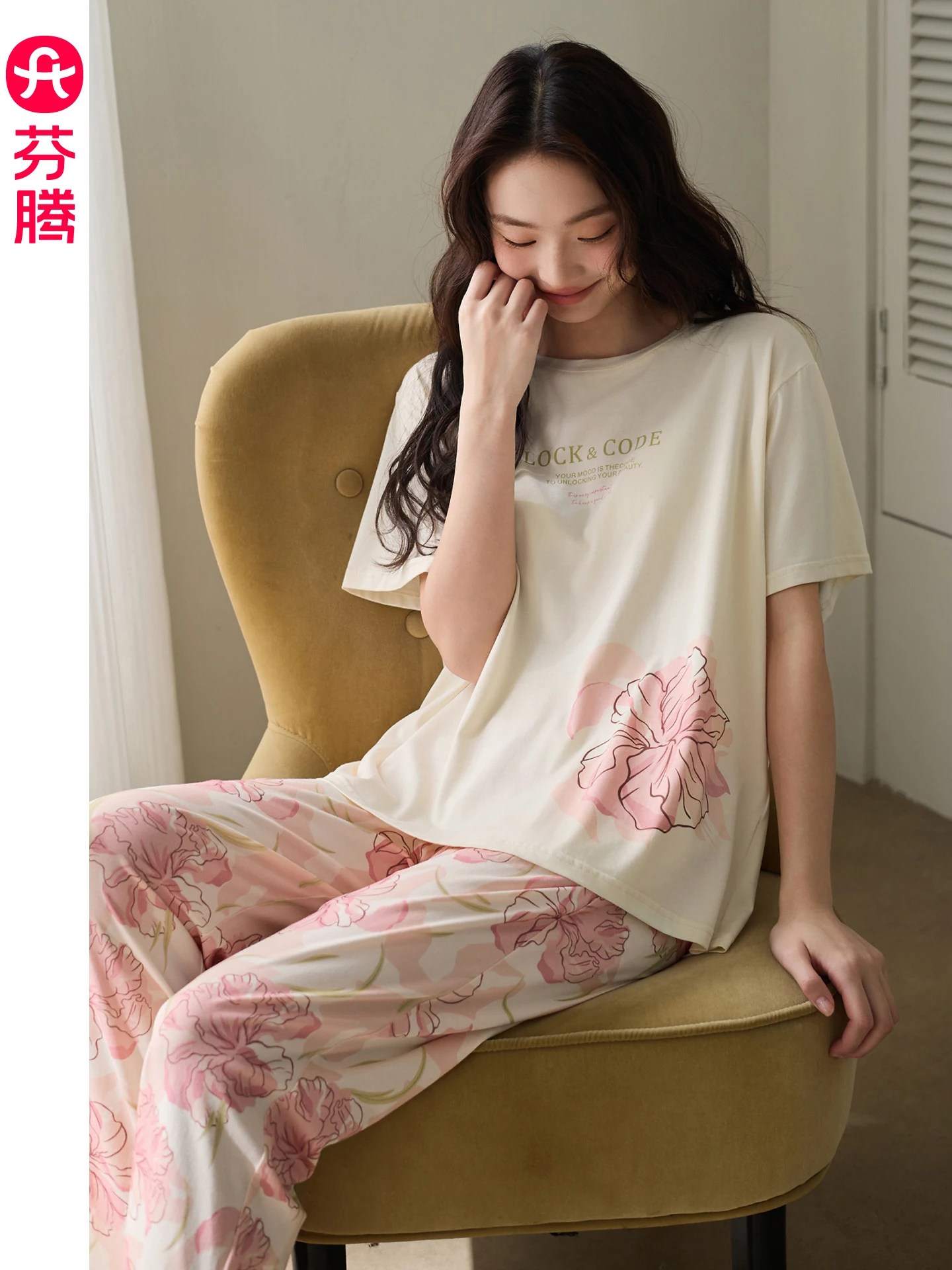fenteng-2026-new-pure-cotton-sleepwear-women's-spring-summer-thin-round-neck-short-sleeve-letter-floral-print-home-clothes-set