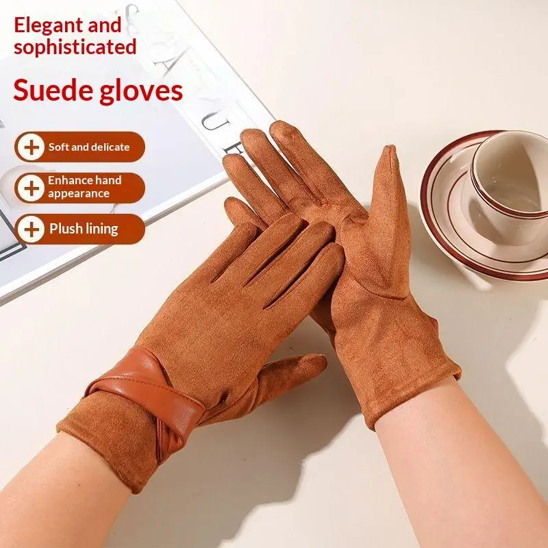 Elegante Damen-Winterhandschuhe aus Wildleder, Touchscreen-kompatibel, mit Samtfutter, warm, 1 Paar für Pendeln und Dates – Detail 2