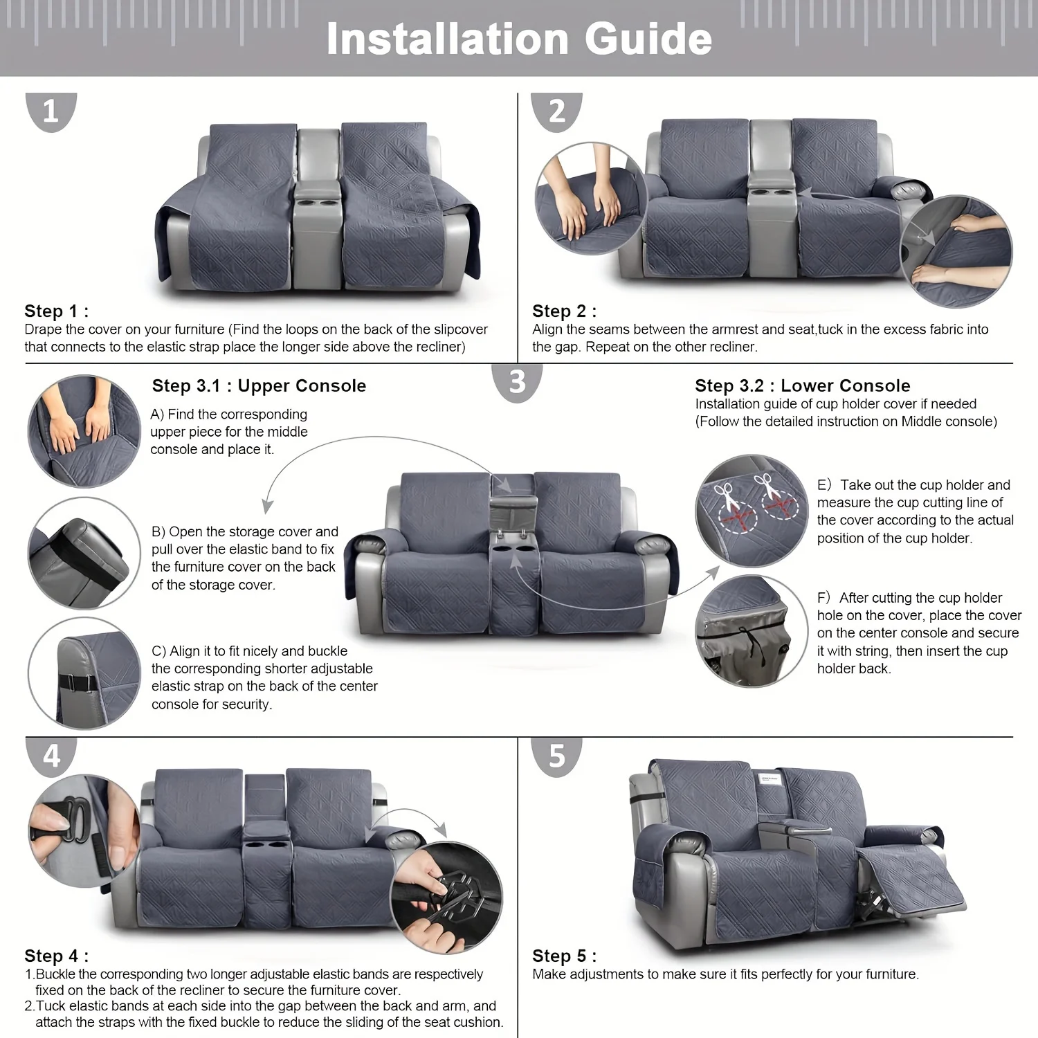 Funda reclinable con consola central, cubierta impermeable 100% para mascotas, reclinable con correas para dormitorio, oficina, decoración del hogar