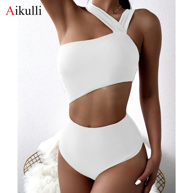 2023 Sexy One Shoulder One Piece Swimsuit Women Solid High Waist Cut Out Swimwear Woman Beachwear Monokini Bodysuit Bathing Suit