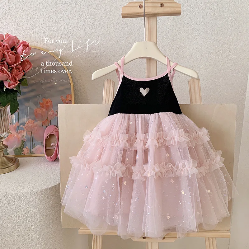 Versão coreana do verão menina 2025 novo bebê menina moda amor malha vestido sem costas colete saia moda doce