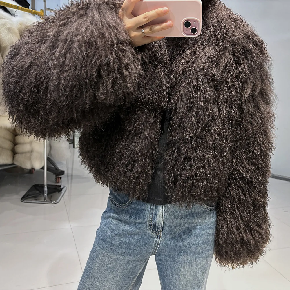 Mongolian Sheep Fur Coat Ladies Natural Fur Jacket Turn-down Collar Thick Warm Overcoat