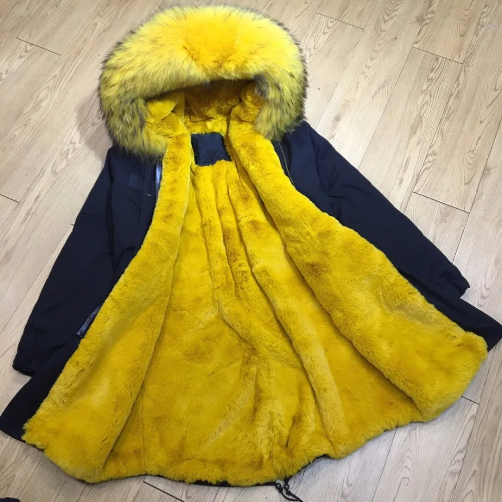 Bright Yellow Faux Fur Lined Parka Navy Cotton Long Overcoat For Women Winter Raccoon Fur Collar Coat