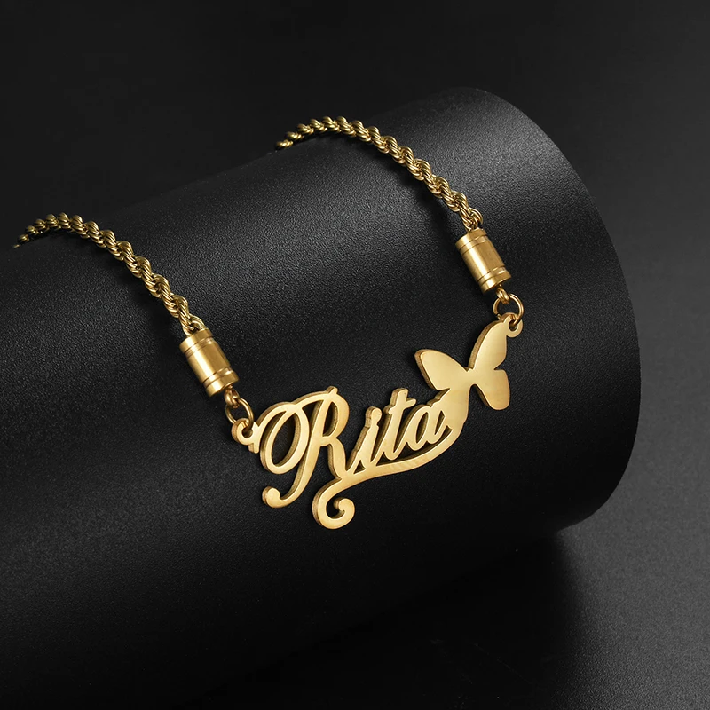 Goxijite اسم مخصص فراشة قلادة طقم مجوهرات للنساء الفتيات الفولاذ المقاوم للصدأ أسماء شخصية هوب أقراط هدية #4