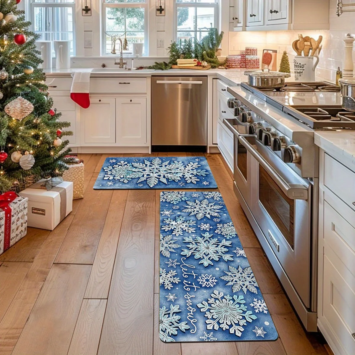 VIKAMA Winter Christmas Kitchen Rug Set Non Slip Washable Blue Background 3D Snowflake Mat Holiday Decor for Christmas Indoor
