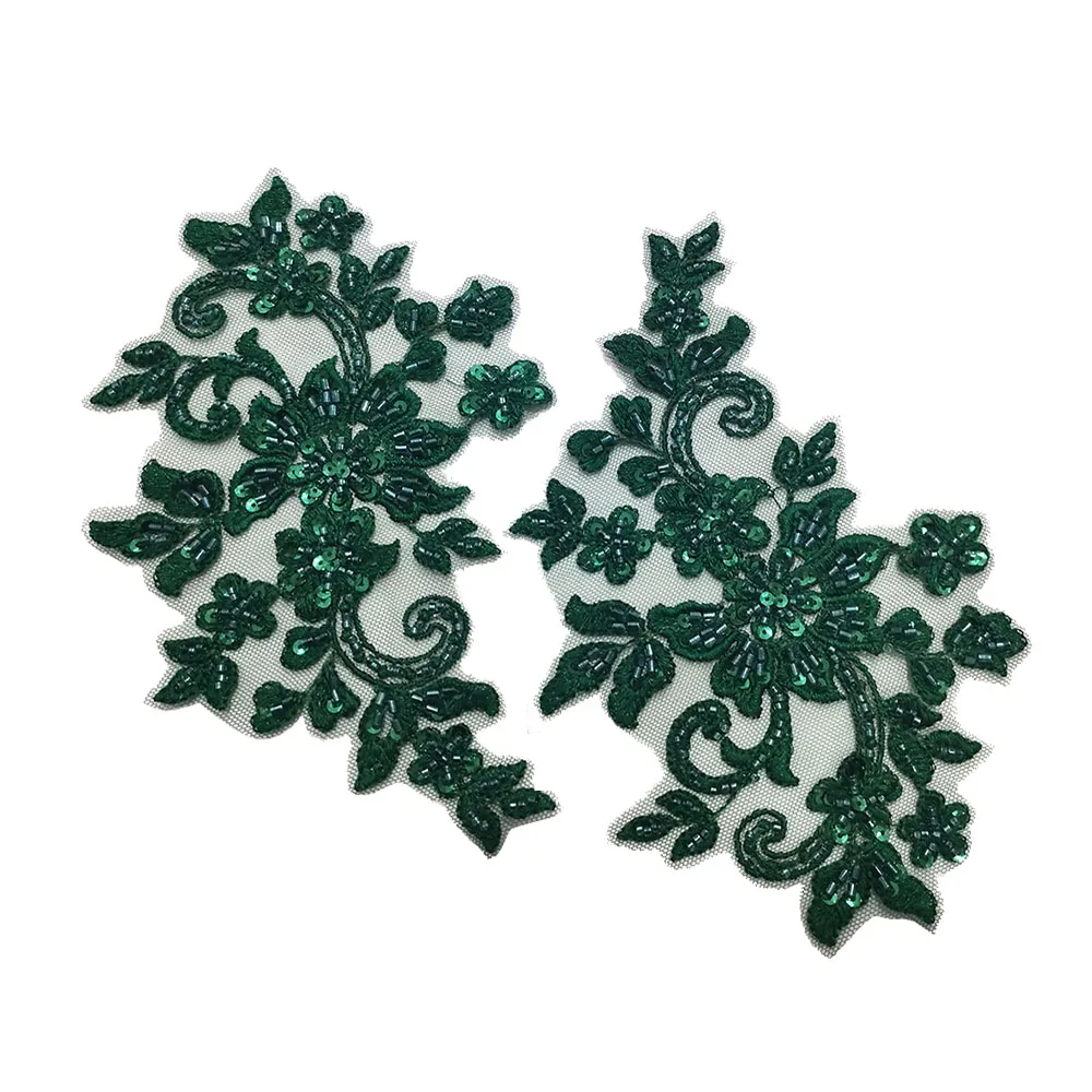 1 Pair Dark Green Beaded Applique Flower Patch Sew On Wedding Dress Accessories Sequin Fabric For Clothing