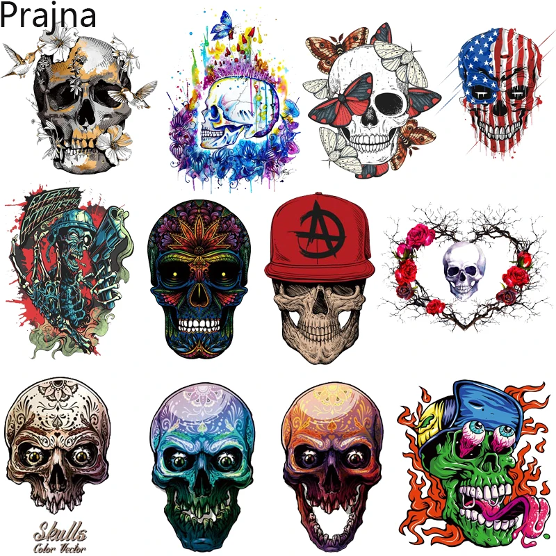 Skull Colorful/Butterfly Punk Heat Thermal Transfer Funny Skeleton Iron-On Transfers For Clothing DIY Stickers For T-Shirts