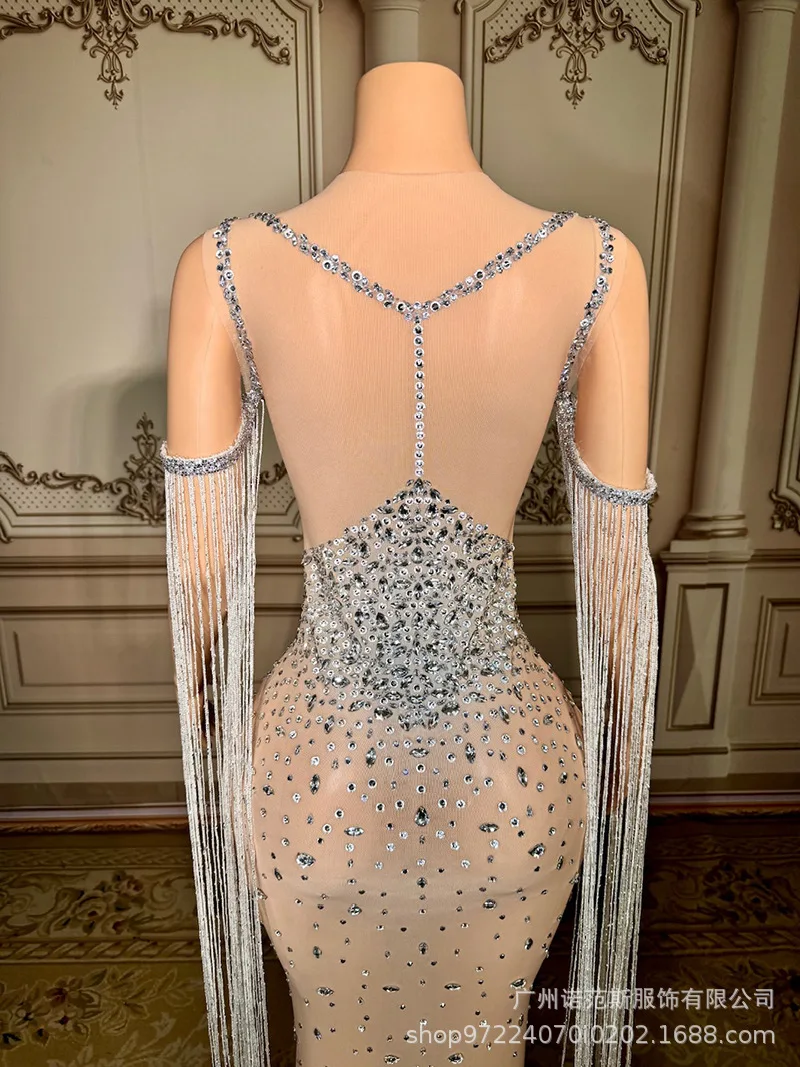 Heldere Kwastje Sexy Nep Vlees Temperament Jurk Banket Gastheer Prestaties Kleding Model Catwalk Trendy Kleding Galajurken Luxe