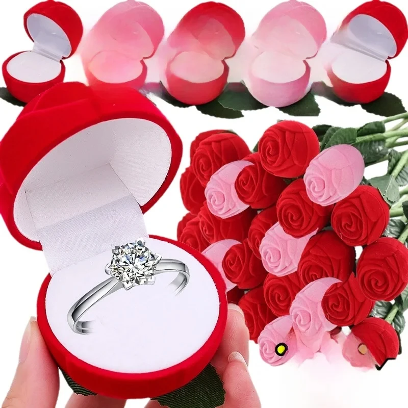

A red velvet rose ring box with personalized and creative Valentine's Day gift proposal ring box