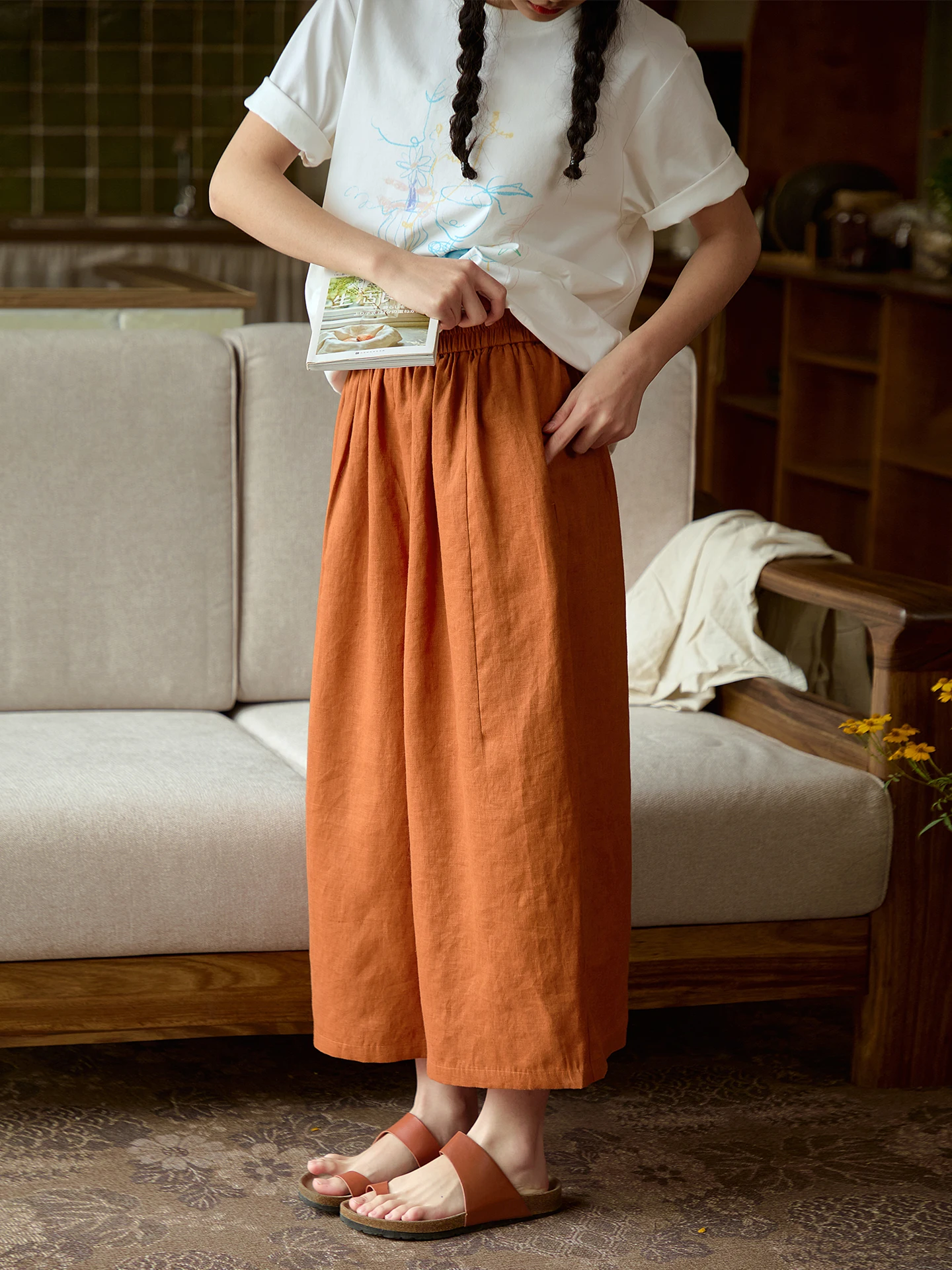 High Waist Straight Leg Linen Pants Women's Loose Wide Leg Nine Point Summer Casual Trousers Original Japanese Style Vintage