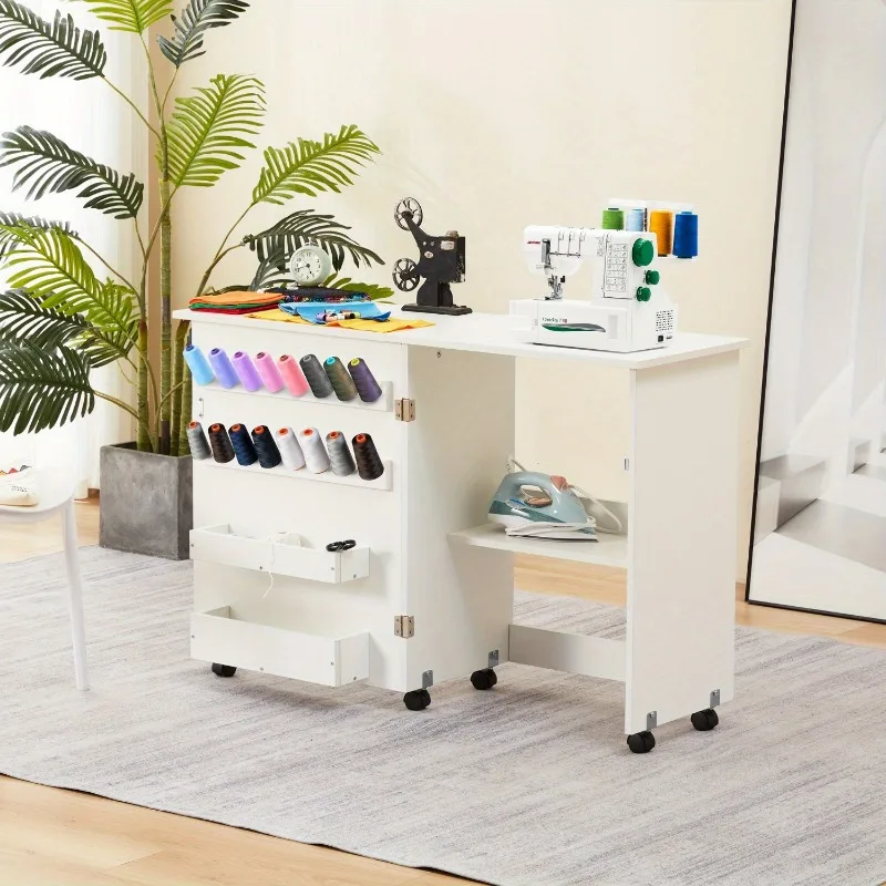 

EROMMY Folding Sewing Table, Portable Craft Station with Storage Shelf, Caster Wheels, 16 Pegs, Magnetic Door