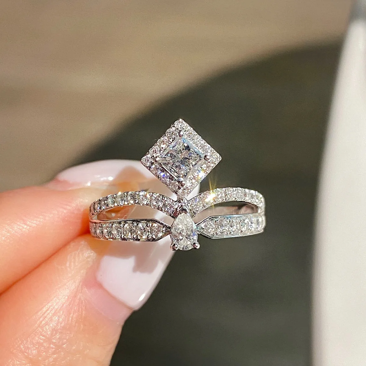 

925 Sterling Silver S925 Square Diamond Crown Luxury Crystal Waterdrop Exquisite Women Wedding Engagement Jewelry Accessories