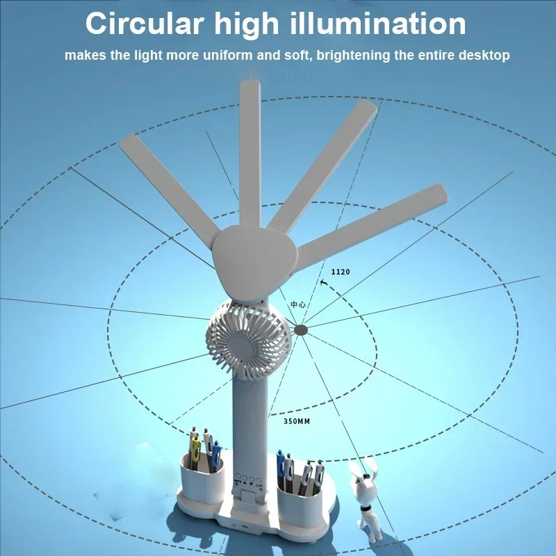 LED Desk Lamp with Fan Multifunction Table Lamp Night Light with Pen Holder Eye Protection Rechargeable Fans for Studying Lamp