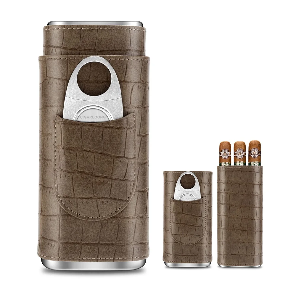 3-pack Cigar Case Portable Leather Holder Box Storage with Stainless Steel Sharp Cigar Cutter Luxury Smoking Accessories CH-24FA