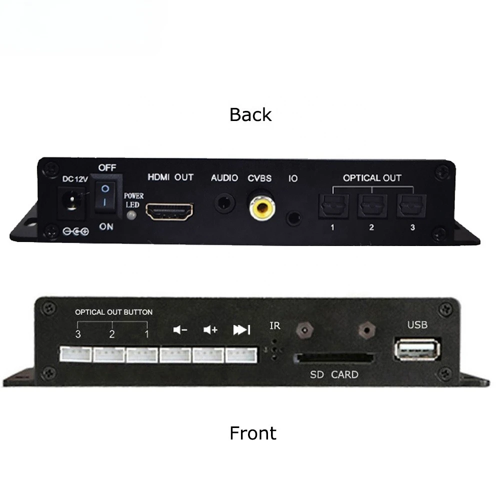 Media player with 3 fiber optics, output, high fidelity audio switcher for soundbars and speakers in retail stores