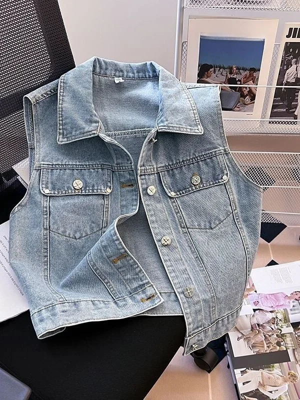 

Heavy-Weight Short Denim Jacket Women's Outerwear Fashion Commute Korean Style Silk Material No-Sleeve Collar
