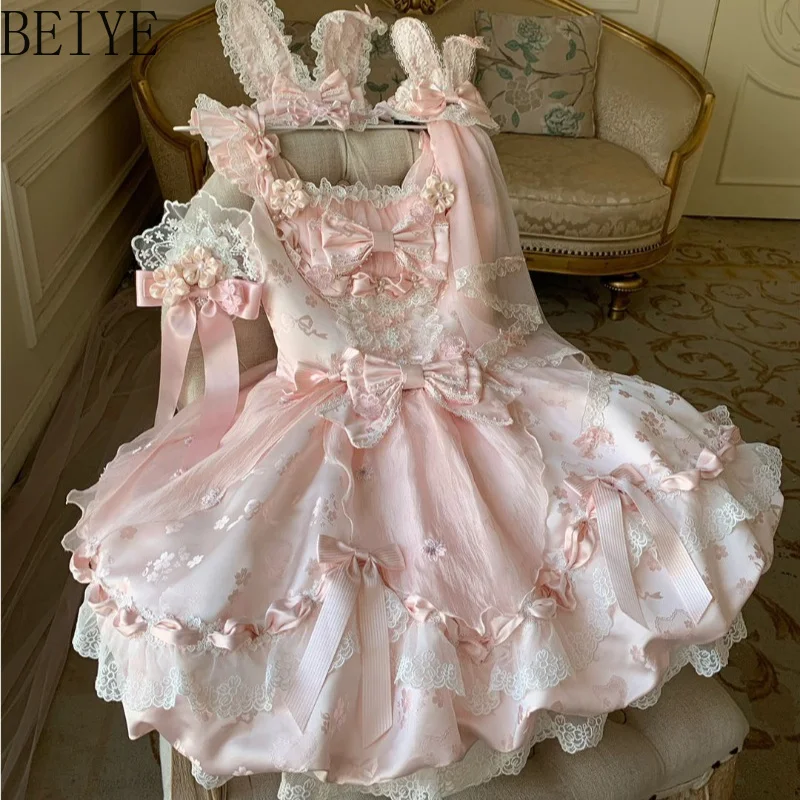 Pink Ballet Style Dresses Female Lolita Elegant Sweet Gorgeous Princess Dress Ladies Cherry Blossom Print Jsk Suspender Dress