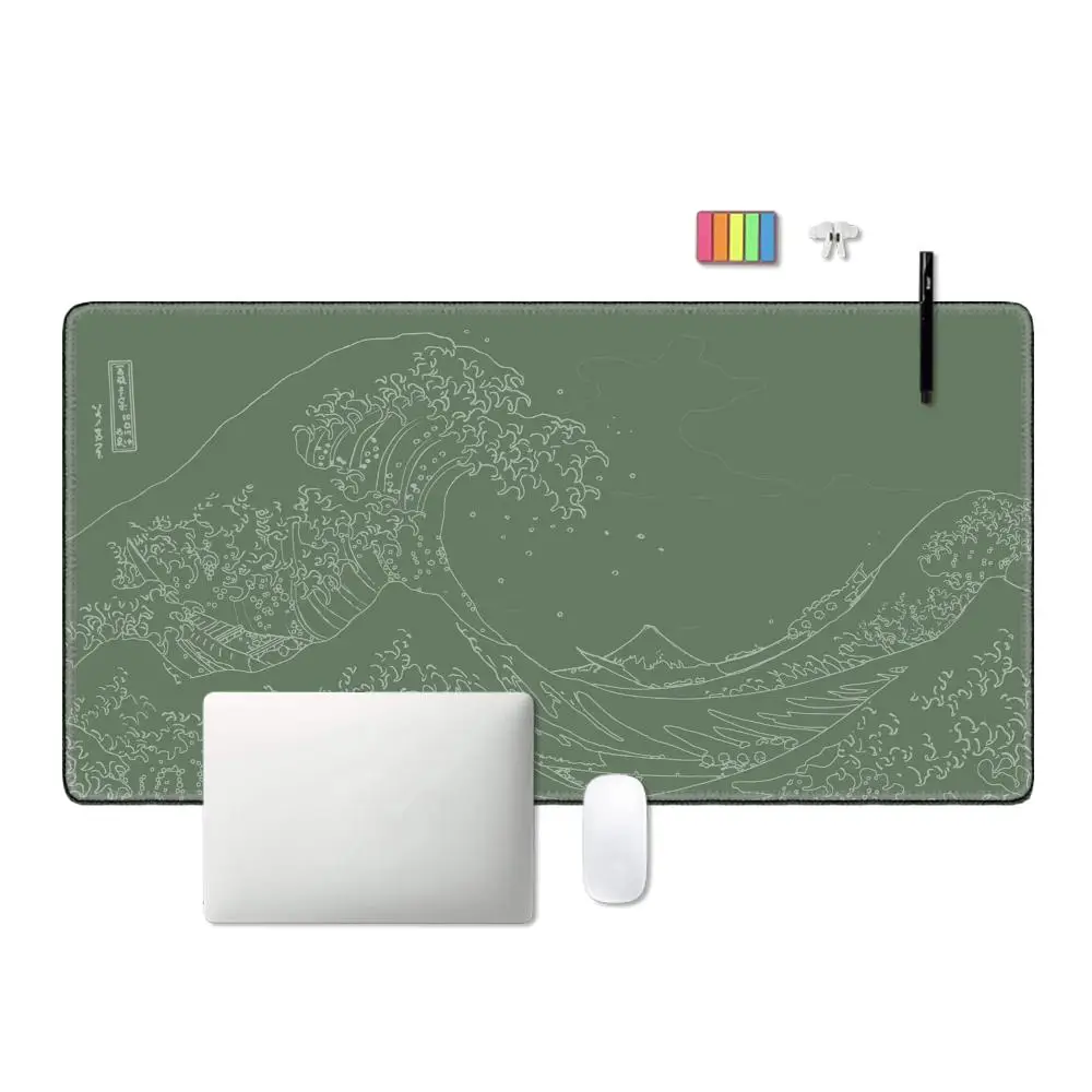 Japanese Great Wave Desk Mat green Mousepad Hokusai Japan Ukiyo-e edo line art sage aesthetic Large wide long Gaming mouse pad