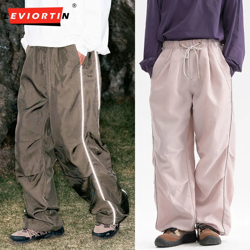 Men's Sports Quick-Dry Casual Pants Trendy Brand Solid Color Design Sense Pleated Paratrooper Loose Straight Drawstring Trousers