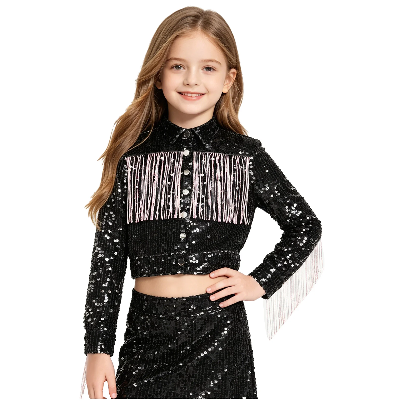 

Child Girls Sequin Fringe Crop Blazer Long Sleeve Lapel Tassel Button Sparkly Jacket Clubwear Jazz Street Dance Party Outerwear