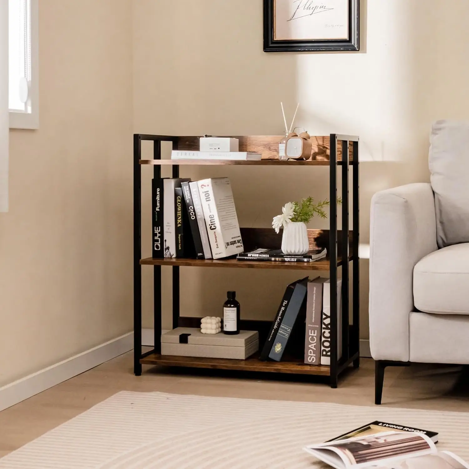 Industrial 3-Tier Bookshelf, Freestanding Bookcase with Adjustable Shelves, Metal Frame & Anti-Toppling Device,, Customized