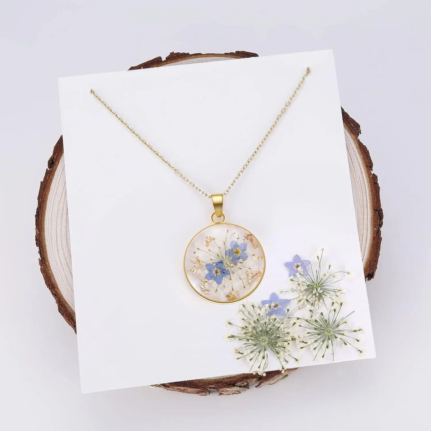 Forget-Me-Not Lace Pressed Wildflower Necklace Birth Month Real Flower Necklace Gold/Silver Pressed Flower Jewelry