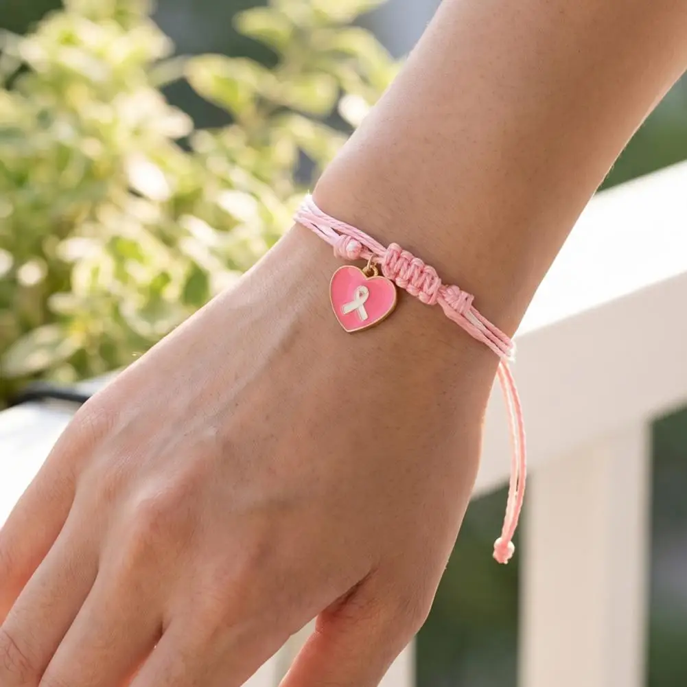 Heart Butterfly Alloy Pendants Handwoven Rope Wristband Breast Cancer Awareness Bracelet for Women Adjustable Woven Ribbon Charm