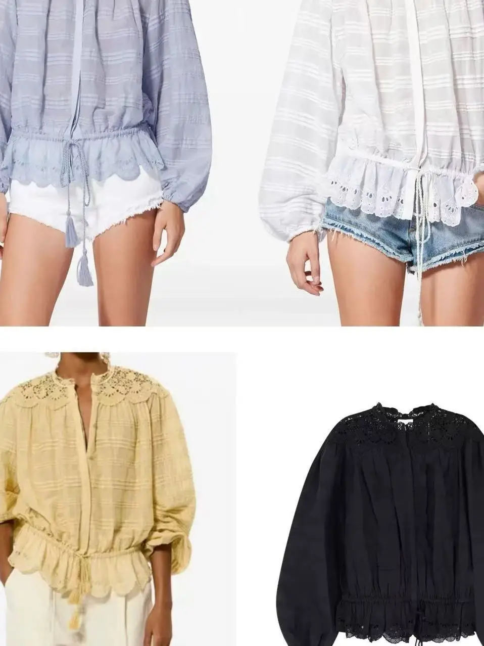 

Sweet Lace Trim Shirt with Drawstring Long Sleeve Floral Print Pants Cotton Material Bubble Sleeve Short Length A-Line Skirt