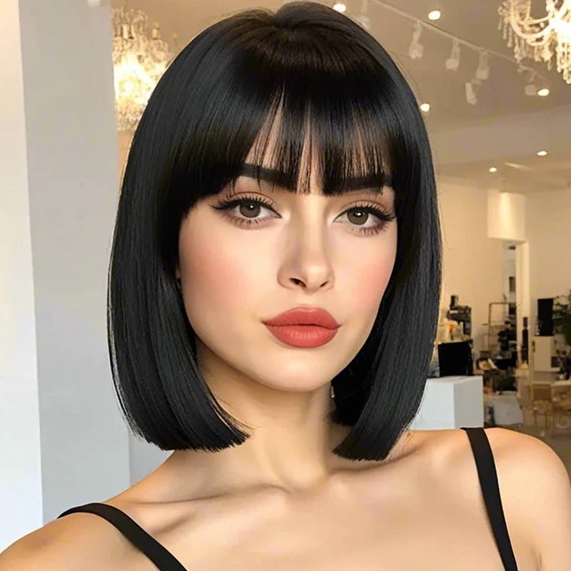 Smooth 12 inch black synthetic wig with straight bangs, suitable for women's Christmas and Halloween music festivals
