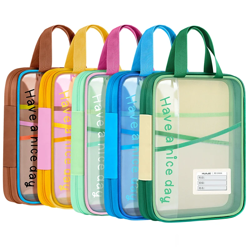 1PC 180-Degree Wide-Open File Bag - 4-Layer Transparent, Large-Capacity Zippered Handheld for Students