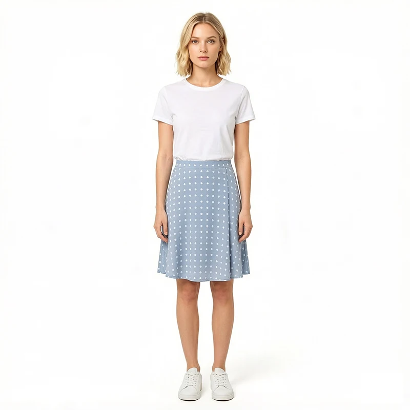 100% Mulberry Silk 19 Momme Charmeuse Silk Sexy Women Short Skirt Light Blue Dots Printed Mini Pencil Skirt Bodycon Skirt M1633