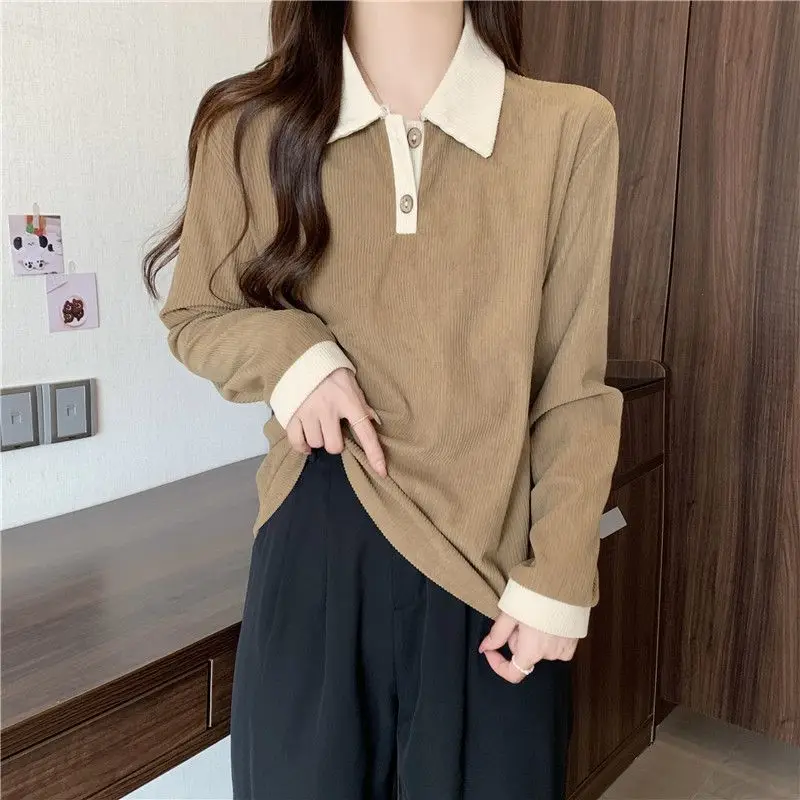 

Contrasting Colors Vintage T-shirt Spring Autumn Turn-down Collar Stylish Button Women's Clothing Casual Long Sleeve Pullovers