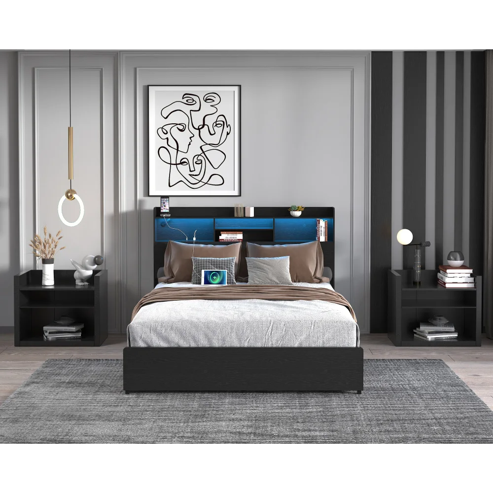 Orraves Full Bed Frame with 4 Storage Drawers Full Bed Frame with Headboard and Storage Shelf, Storage Bed with Led and Charging Station, No Noise,No Box Springs Needed,Black