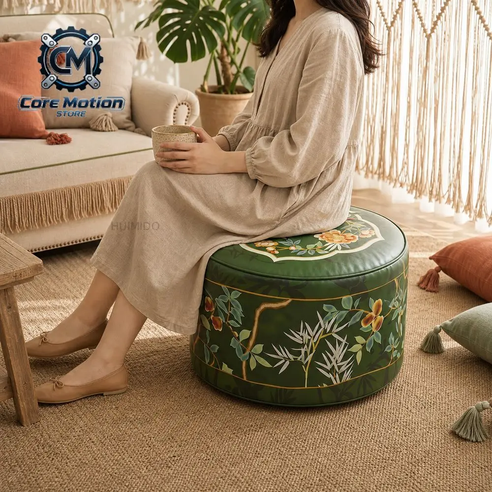 New Boho Pattern Ottoman Pouf Green Fillable Design Storage Ottoman PU Leather Large Opening Footstool Cover Living Room