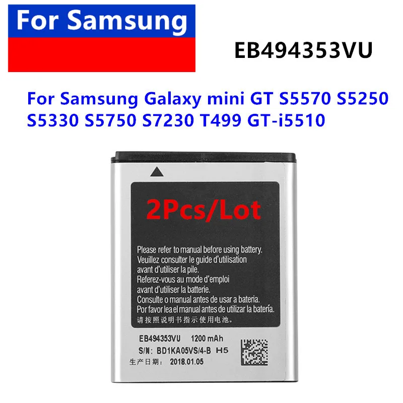 1-2Pcs/Lot1200mAh Phone Battery New EB494353VU  For Samsung Galaxy Mini GT S5570 S5250 S5330 S5750 S7230 T499 GT-i5510 Batteries