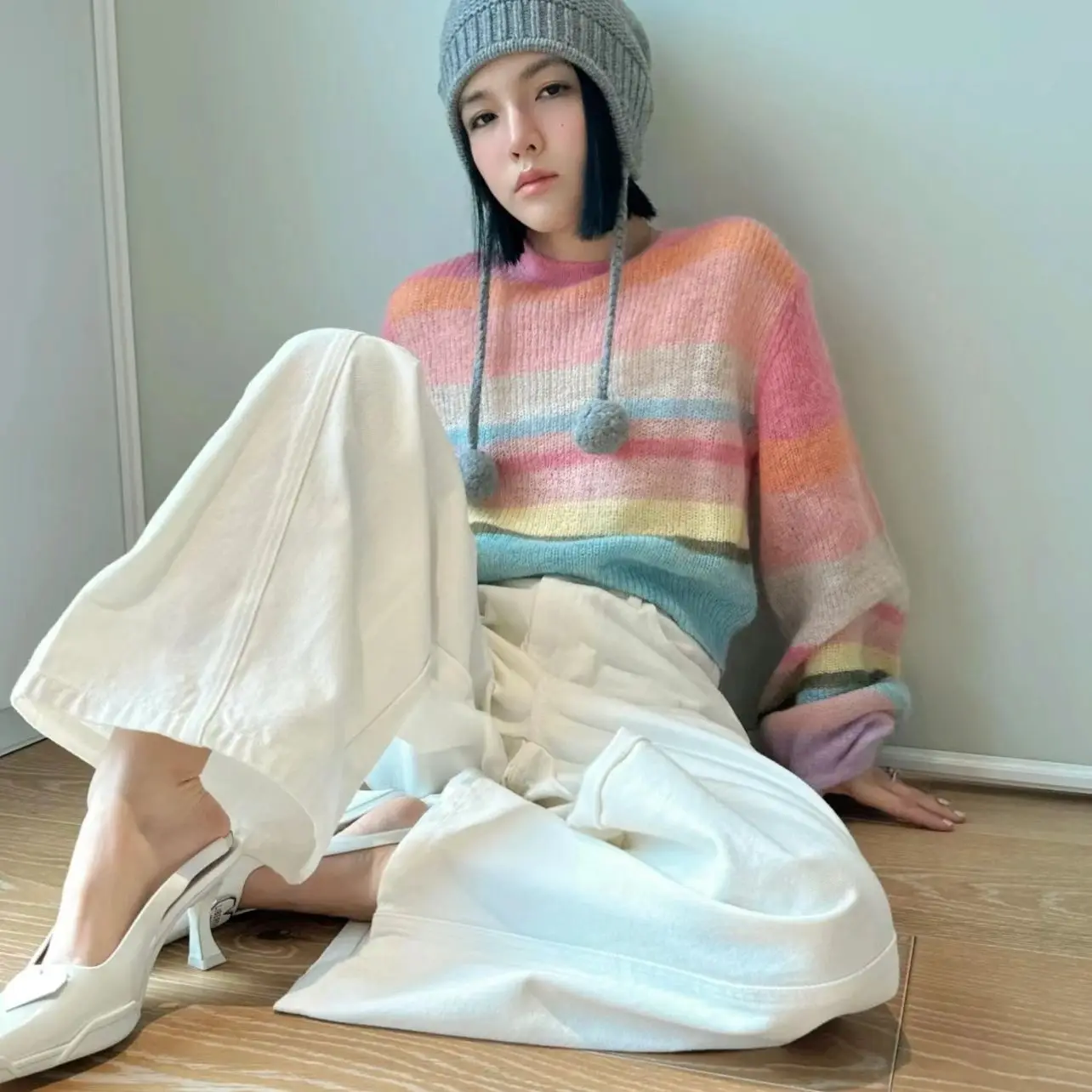 Gagarich Rainbow Striped Printed Short Sweater Women Spring Autumn 2024 New Dopamine Outfit Casual Knit Pullover Top