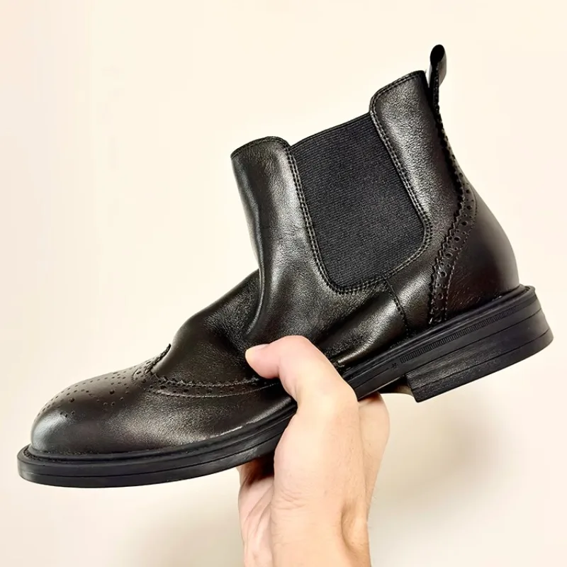 

Повседневные ботинки челси из натуральной кожи в британском стиле, мужская дизайнерская обувь, офисные ботильоны из воловьей кожи с высоким берцем и толстой подошвой с круглым носком, мужские ботильоны