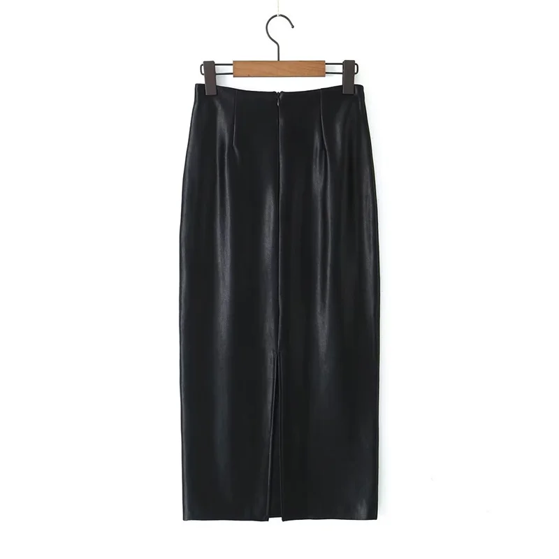 KEYANKETIAN 2024 New Launch Women's Artificial Leather Skirt Stylish Elegant Zipper High Waist Straight Cut Ankle MIDI Skirt